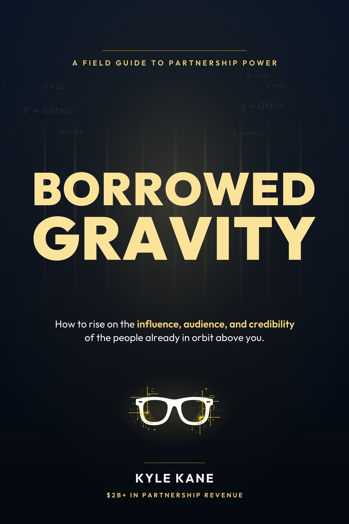 Borrowed Gravity book cover, gold title on navy with white glasses icon
